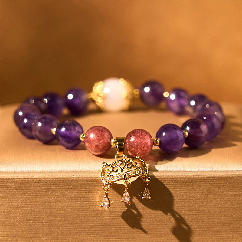 Nimara Ritual Natural Amethyst Strawberry Quartz Peace Lock Charm Positive Bracelet