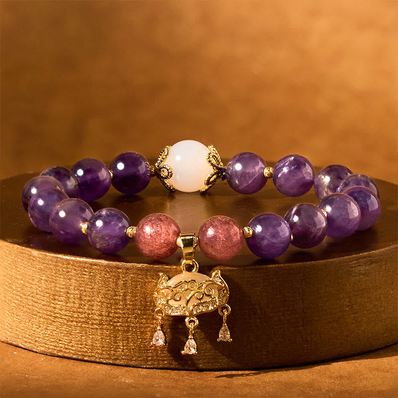 Nimara Ritual Natural Amethyst Strawberry Quartz Peace Lock Charm Positive Bracelet