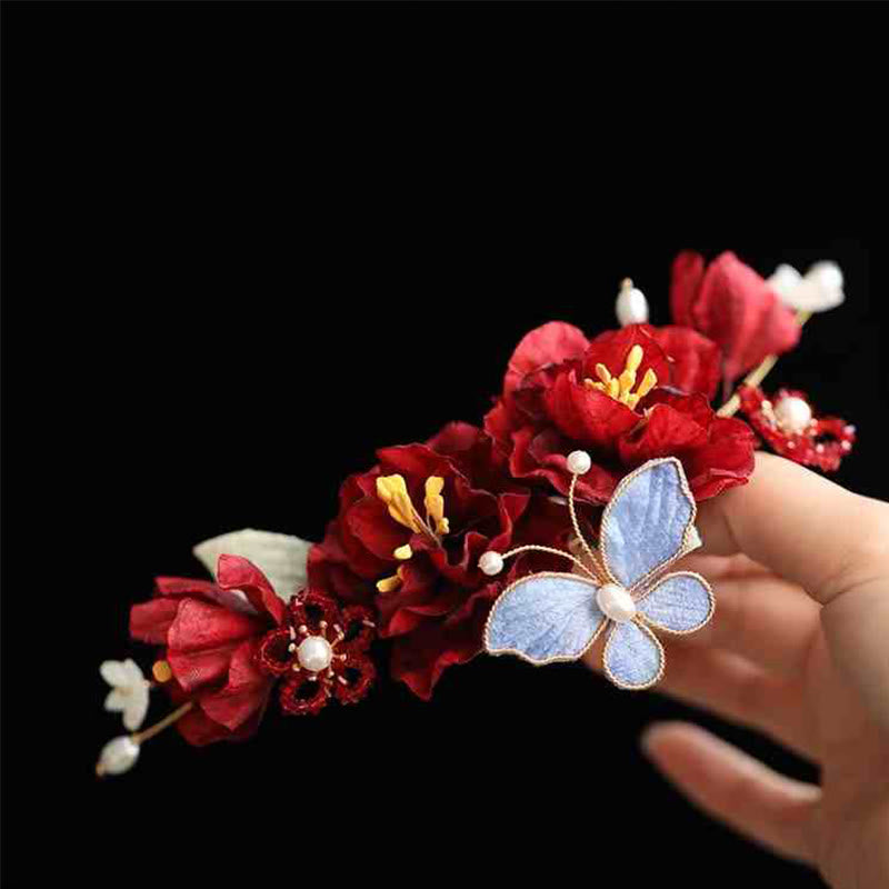 Nimara Ritual Chinese Wedding Red Flower Butterfly Hair Clip