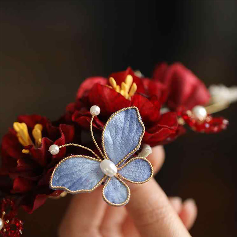 Nimara Ritual Chinese Wedding Red Flower Butterfly Hair Clip