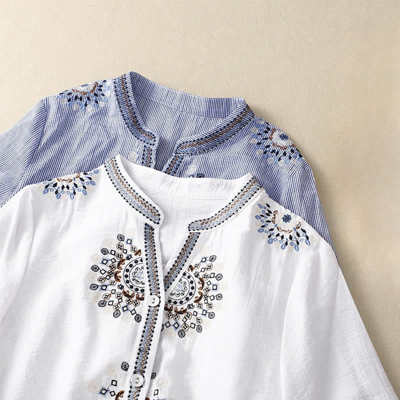 Nimara Ritual Casual Women's Bohemia Embroidery Flowers V-Neck Design Half Sleeve Shirt