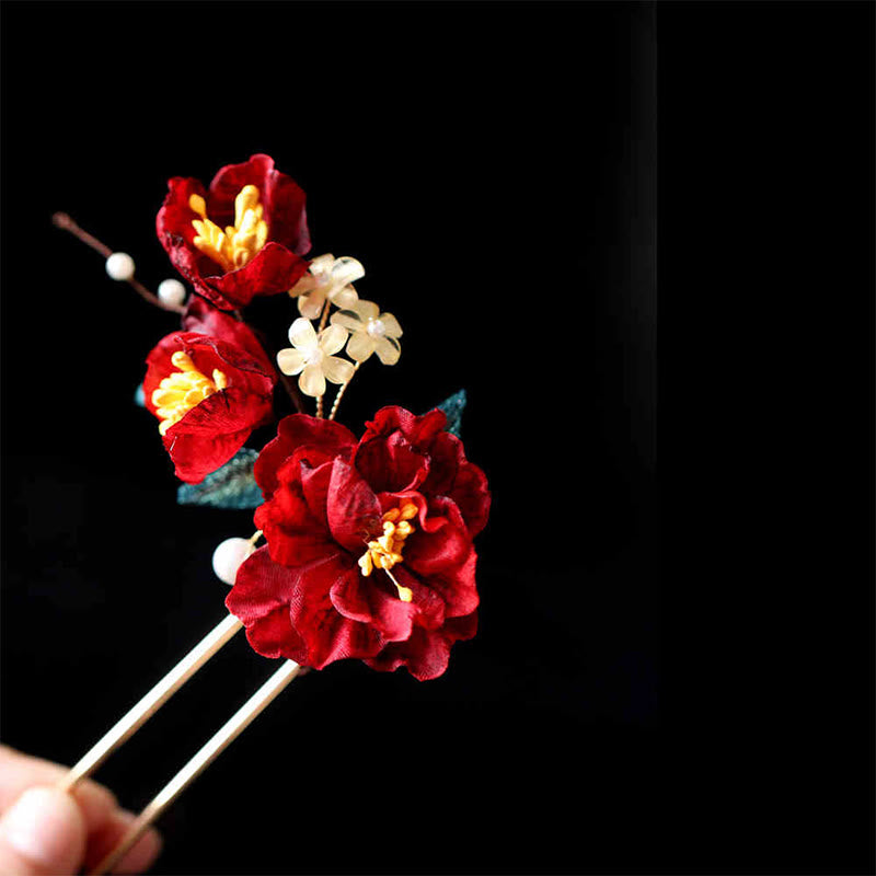 Nimara Ritual Chinese Style Red Camellia Butterfly Hair Clip Hair Comb Hairpin Barrette Accessory