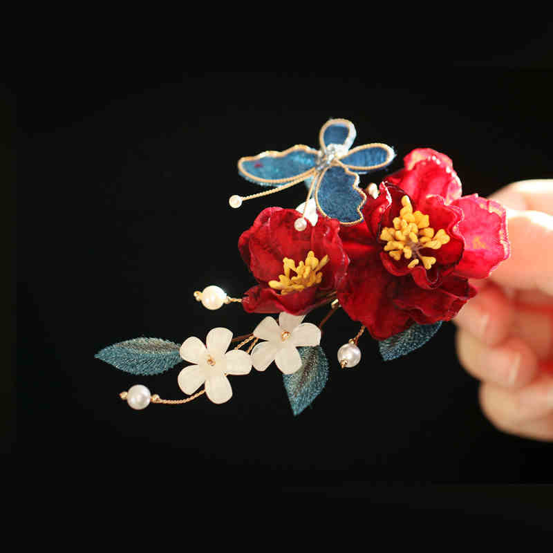 Nimara Ritual Chinese Style Red Camellia Butterfly Hair Clip Hair Comb Hairpin Barrette Accessory