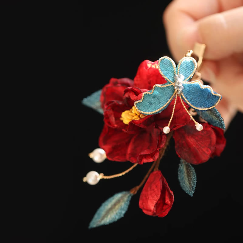 Nimara Ritual Chinese Style Red Camellia Butterfly Hair Clip Hair Comb Hairpin Barrette Accessory
