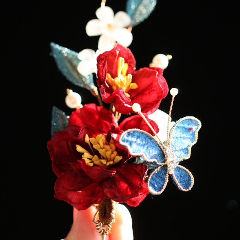 Nimara Ritual Chinese Style Red Camellia Butterfly Hair Clip Hair Comb Hairpin Barrette Accessory