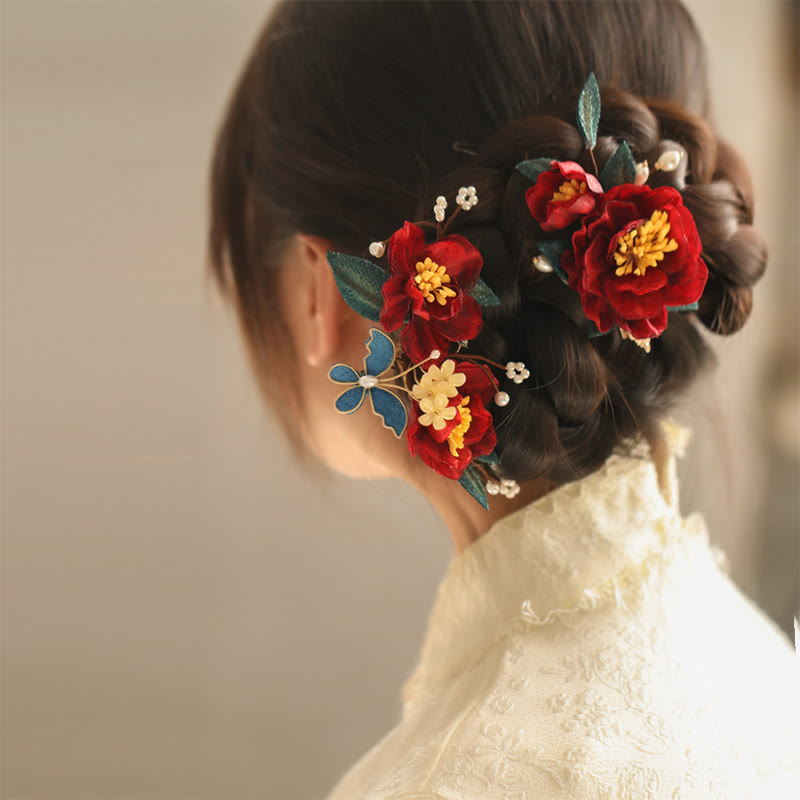Nimara Ritual Chinese Style Red Camellia Butterfly Hair Clip Hair Comb Hairpin Barrette Accessory