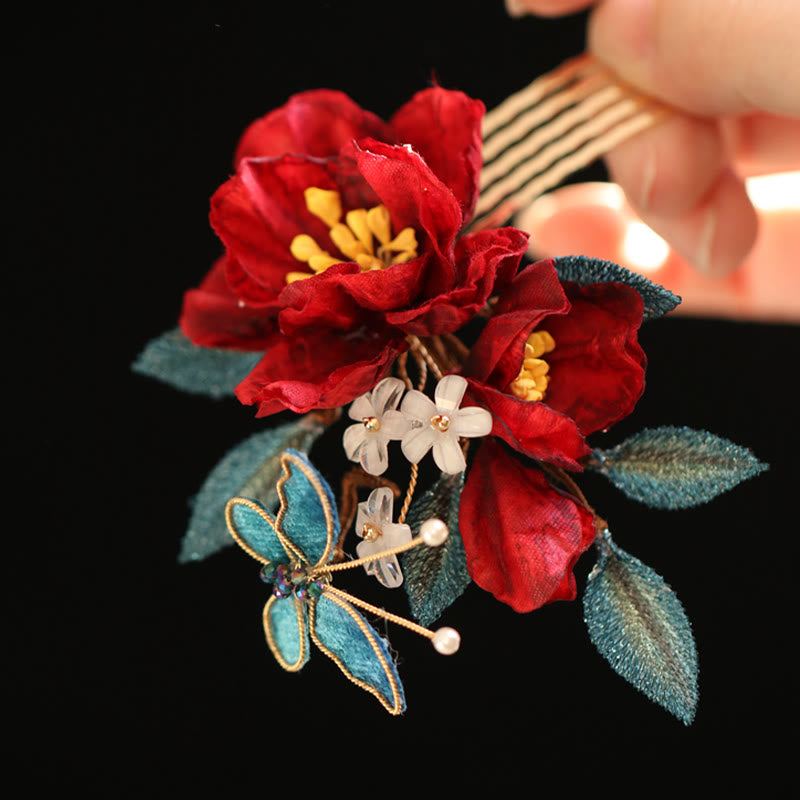 Nimara Ritual Chinese Style Red Camellia Butterfly Hair Clip Hair Comb Hairpin Barrette Accessory