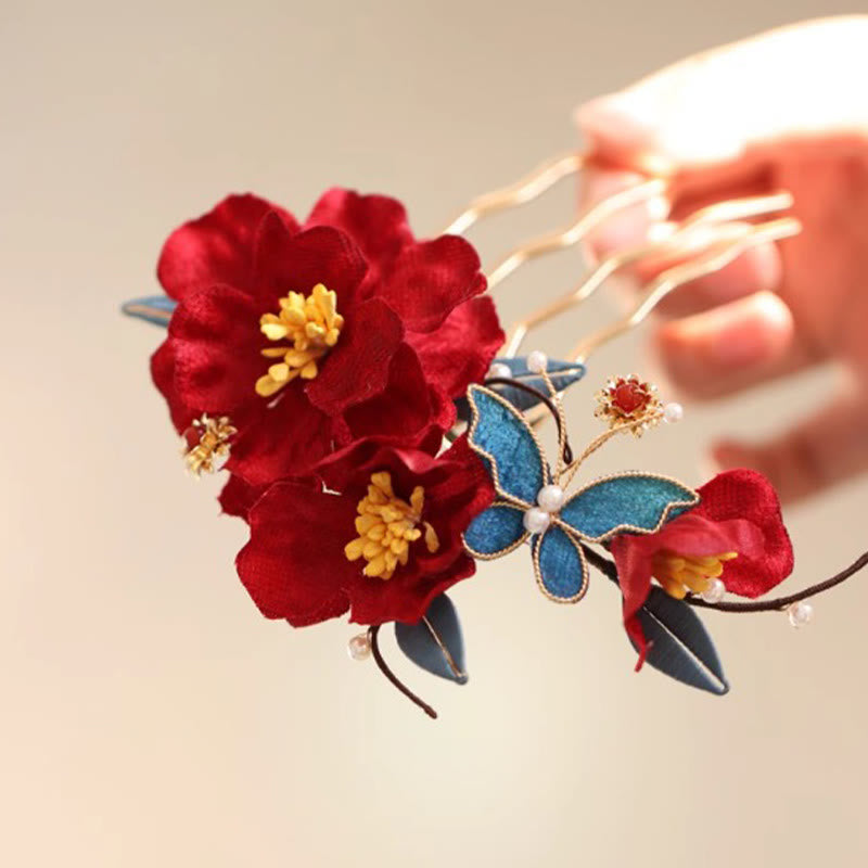 Nimara Ritual Chinese Style Red Camellia Butterfly Hair Clip Hair Comb Hairpin Barrette Accessory