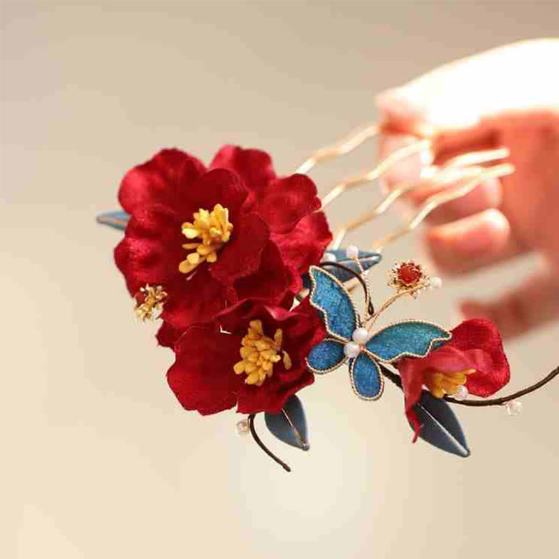 Nimara Ritual Chinese Wedding Red Flower Butterfly Hair Comb Hairpin Barrette