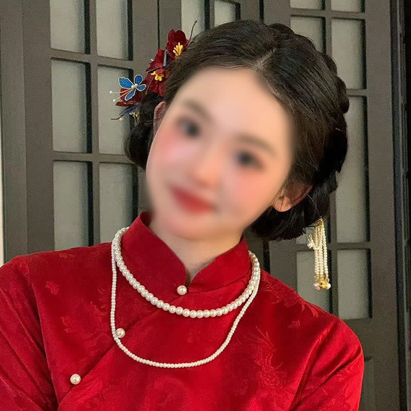 Nimara Ritual Chinese Wedding Red Flower Butterfly Hair Comb Hairpin Barrette