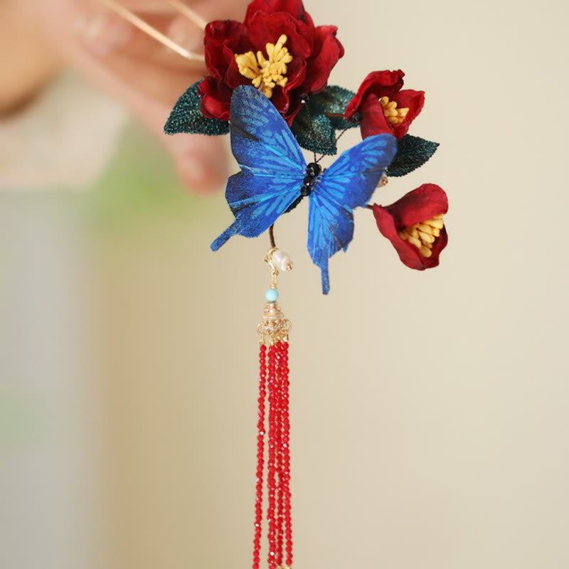 Nimara Ritual Classical Chinese Style Red Flower Blue Butterfly Hairpin