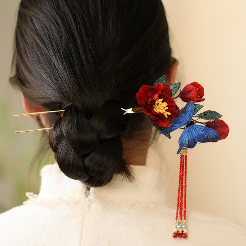 Nimara Ritual Classical Chinese Style Red Flower Blue Butterfly Hairpin