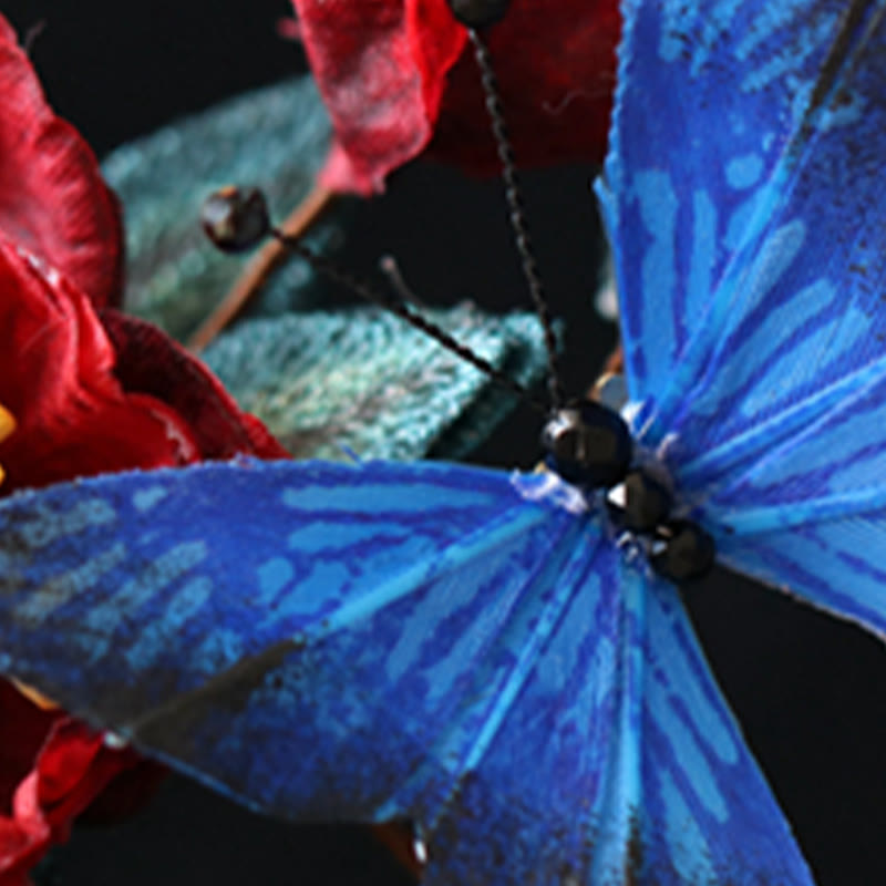 Nimara Ritual Classical Chinese Style Red Flower Blue Butterfly Hairpin
