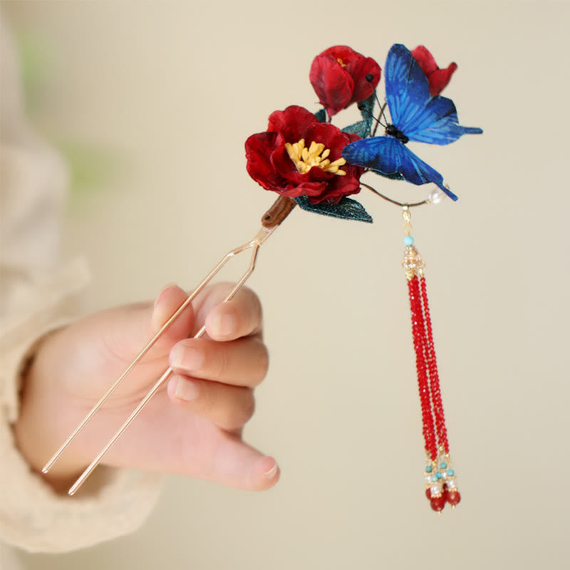 Nimara Ritual Classical Chinese Style Red Flower Blue Butterfly Hairpin