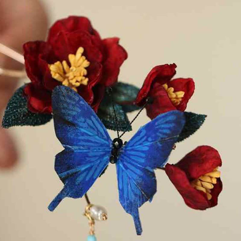 Nimara Ritual Classical Chinese Style Red Flower Blue Butterfly Hairpin