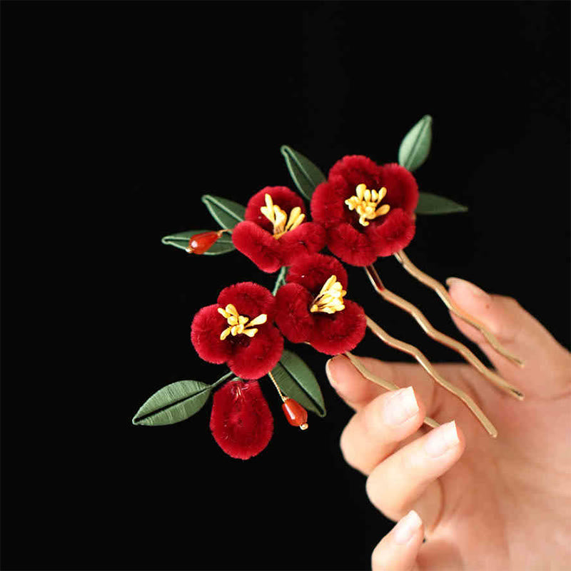 Nimara Ritual Classical Chinese Style Red Flower Blue Butterfly Hairpin Hair Clip Hair Comb Barrette