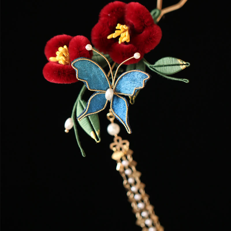 Nimara Ritual Classical Chinese Style Red Flower Blue Butterfly Hairpin Hair Clip Hair Comb Barrette