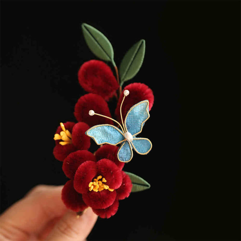 Nimara Ritual Classical Chinese Style Red Flower Blue Butterfly Hairpin Hair Clip Hair Comb Barrette