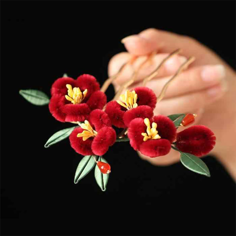 Nimara Ritual Classical Chinese Style Red Flower Blue Butterfly Hairpin Hair Clip Hair Comb Barrette