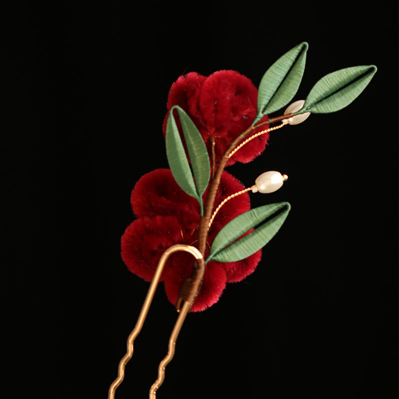 Nimara Ritual Classical Chinese Style Red Flower Blue Butterfly Hairpin Hair Clip Hair Comb Barrette