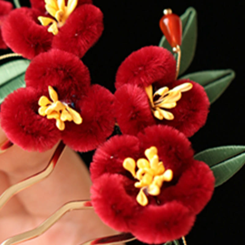Nimara Ritual Classical Chinese Style Red Flower Blue Butterfly Hairpin Hair Clip Hair Comb Barrette