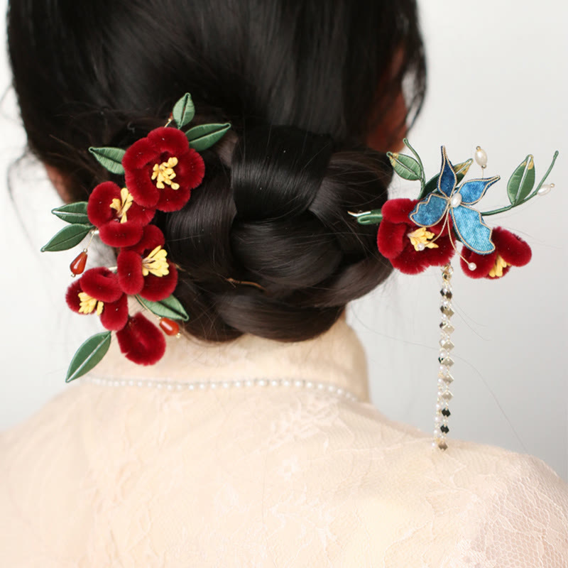 Nimara Ritual Classical Chinese Style Red Flower Blue Butterfly Hairpin Hair Clip Hair Comb Barrette