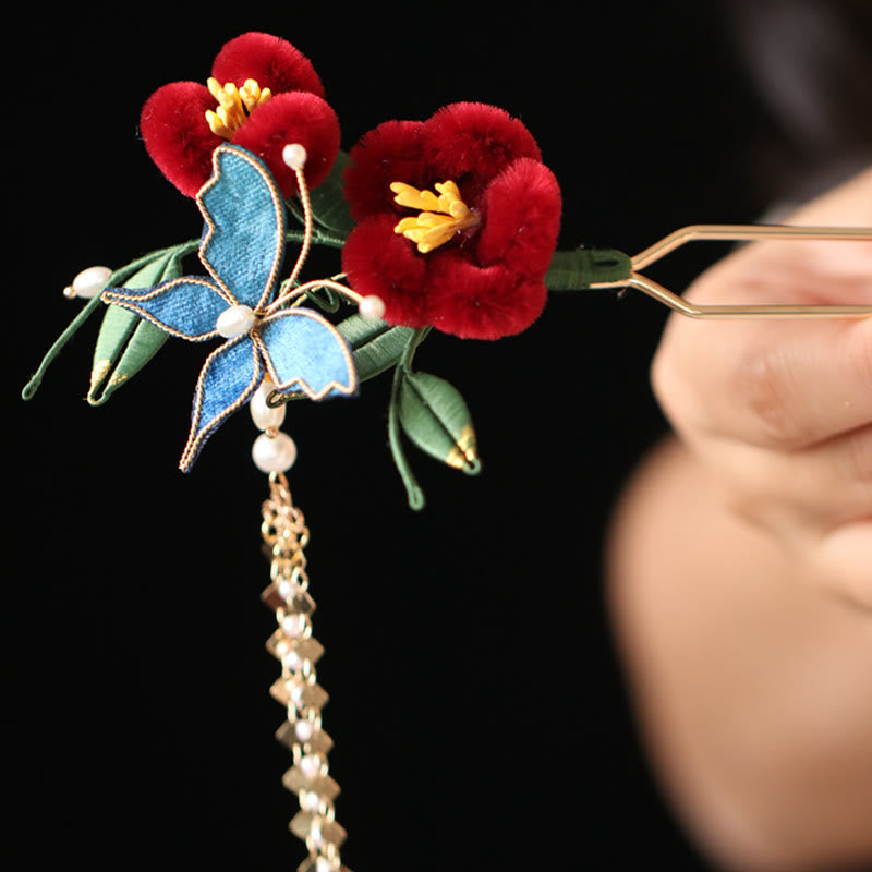 Nimara Ritual Classical Chinese Style Red Flower Blue Butterfly Hairpin Hair Clip Hair Comb Barrette