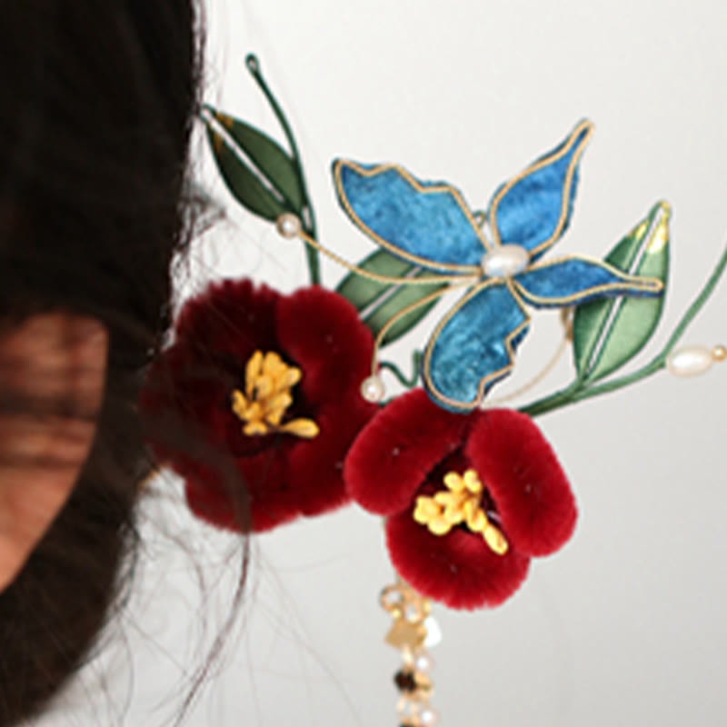 Nimara Ritual Classical Chinese Style Red Flower Blue Butterfly Hairpin Hair Clip Hair Comb Barrette
