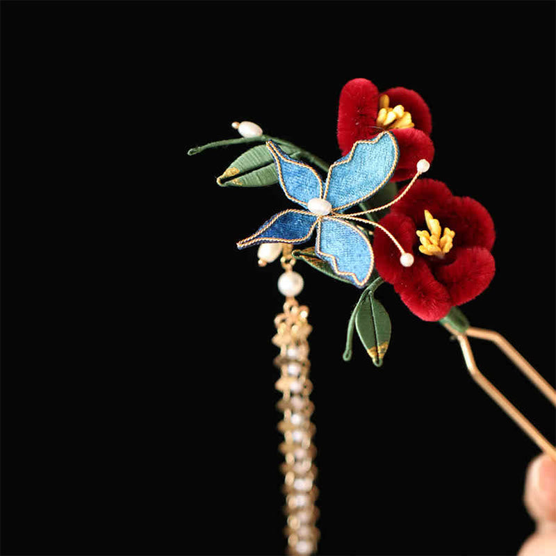 Nimara Ritual Classical Chinese Style Red Flower Blue Butterfly Hairpin Hair Clip Hair Comb Barrette