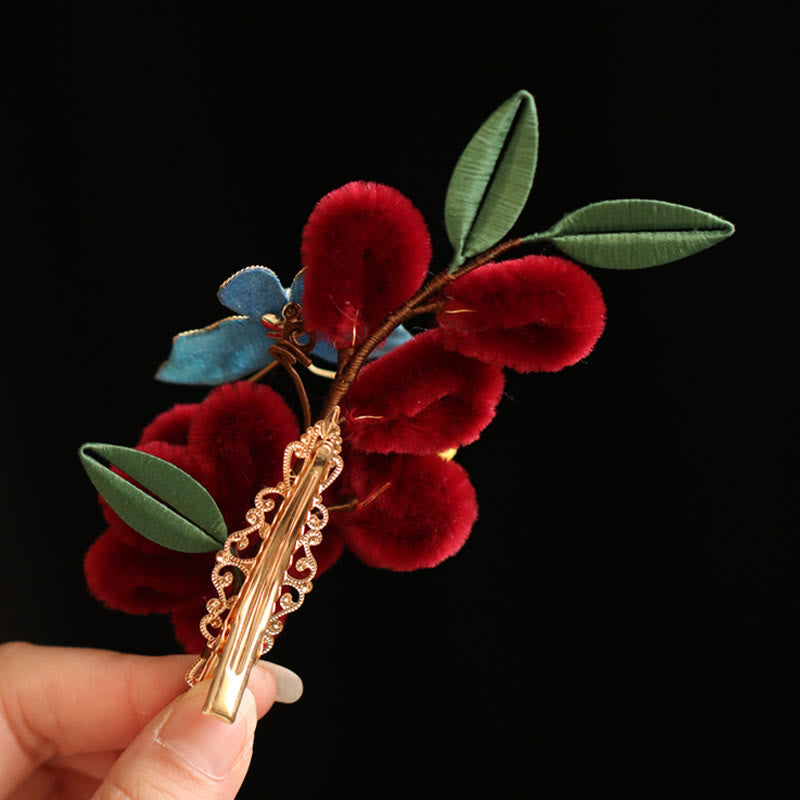 Nimara Ritual Classical Chinese Style Red Flower Blue Butterfly Hairpin Hair Clip Hair Comb Barrette