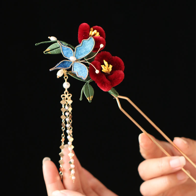 Nimara Ritual Classical Chinese Style Red Flower Blue Butterfly Hairpin Hair Clip Hair Comb Barrette