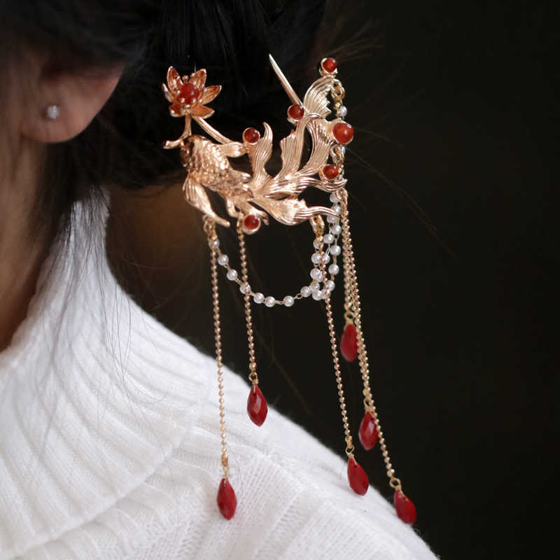 Nimara Ritual Chinese Style Koi Fish Flower Tassel Red Agate Copper Gold Plated Hairpin Hair Comb