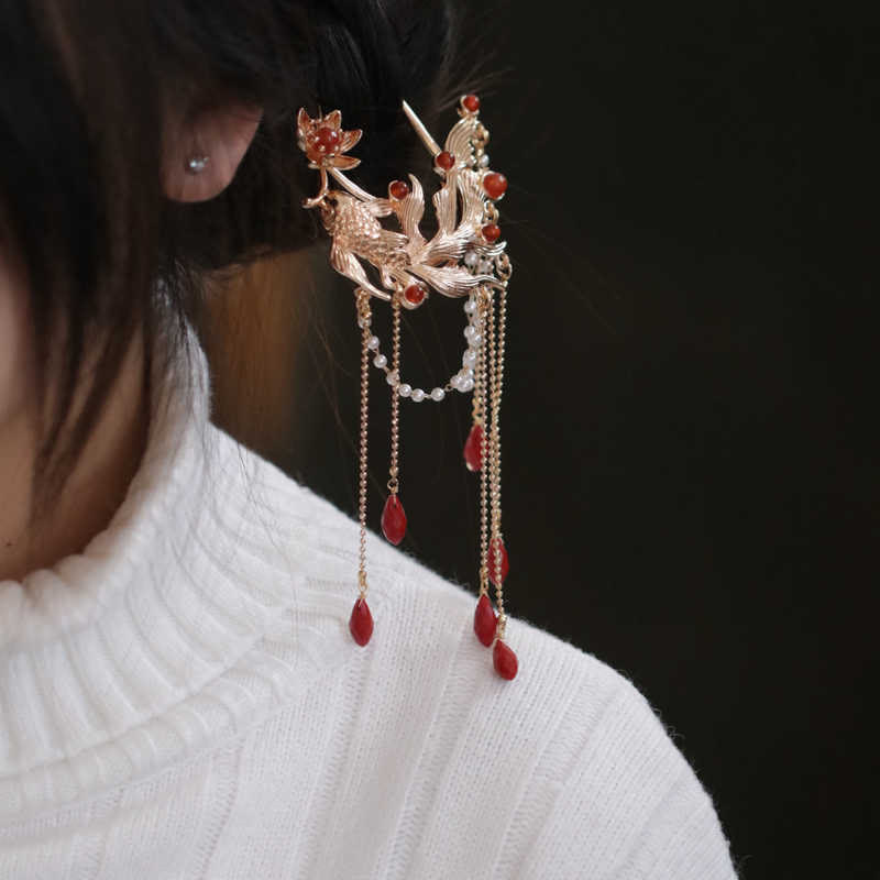 Nimara Ritual Chinese Style Koi Fish Flower Tassel Red Agate Copper Gold Plated Hairpin Hair Comb