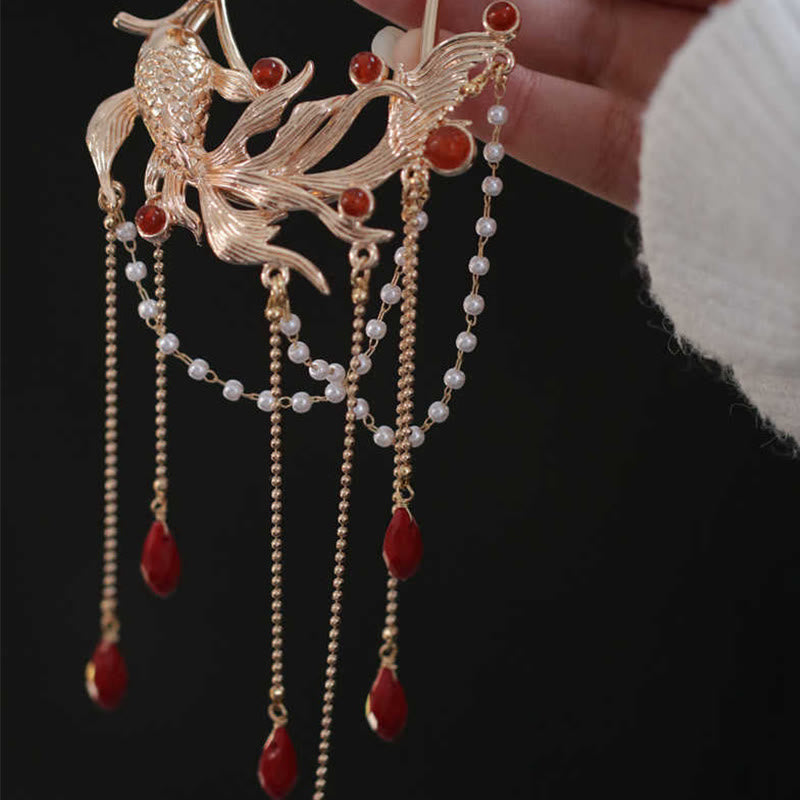 Nimara Ritual Chinese Style Koi Fish Flower Tassel Red Agate Copper Gold Plated Hairpin Hair Comb