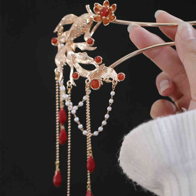 Nimara Ritual Chinese Style Koi Fish Flower Tassel Red Agate Copper Gold Plated Hairpin Hair Comb