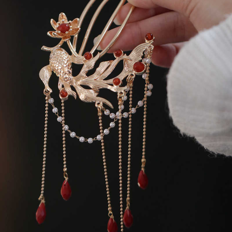 Nimara Ritual Chinese Style Koi Fish Flower Tassel Red Agate Copper Gold Plated Hairpin Hair Comb