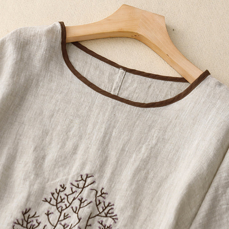 Nimara Ritual Casual Embroidery Tree Drawstring Women's Crew Neck Design Half Sleeve Cotton Linen T-Shirt