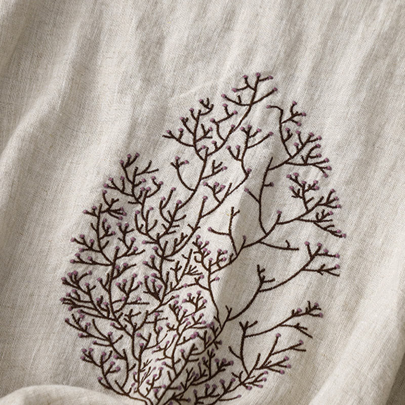 Nimara Ritual Casual Embroidery Tree Drawstring Women's Crew Neck Design Half Sleeve Cotton Linen T-Shirt