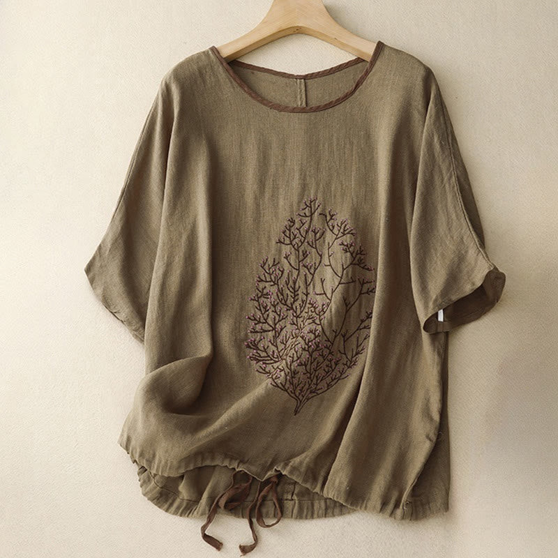 Nimara Ritual Casual Embroidery Tree Drawstring Women's Crew Neck Design Half Sleeve Cotton Linen T-Shirt