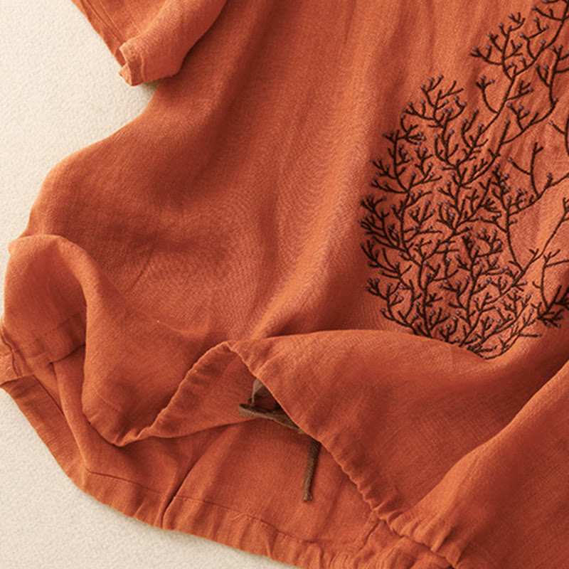 Nimara Ritual Casual Embroidery Tree Drawstring Women's Crew Neck Design Half Sleeve Cotton Linen T-Shirt