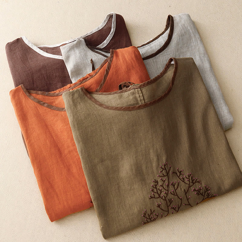 Nimara Ritual Casual Embroidery Tree Drawstring Women's Crew Neck Design Half Sleeve Cotton Linen T-Shirt