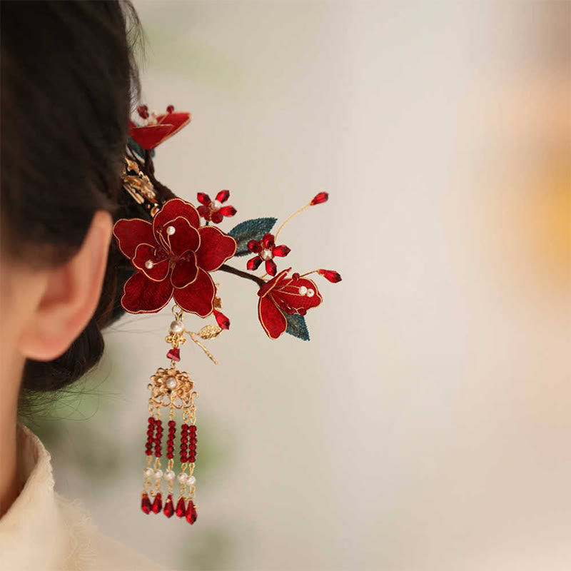 Nimara Ritual Classical Chinese Style Red Flower Butterfly Tassel Hair Comb Hairpin