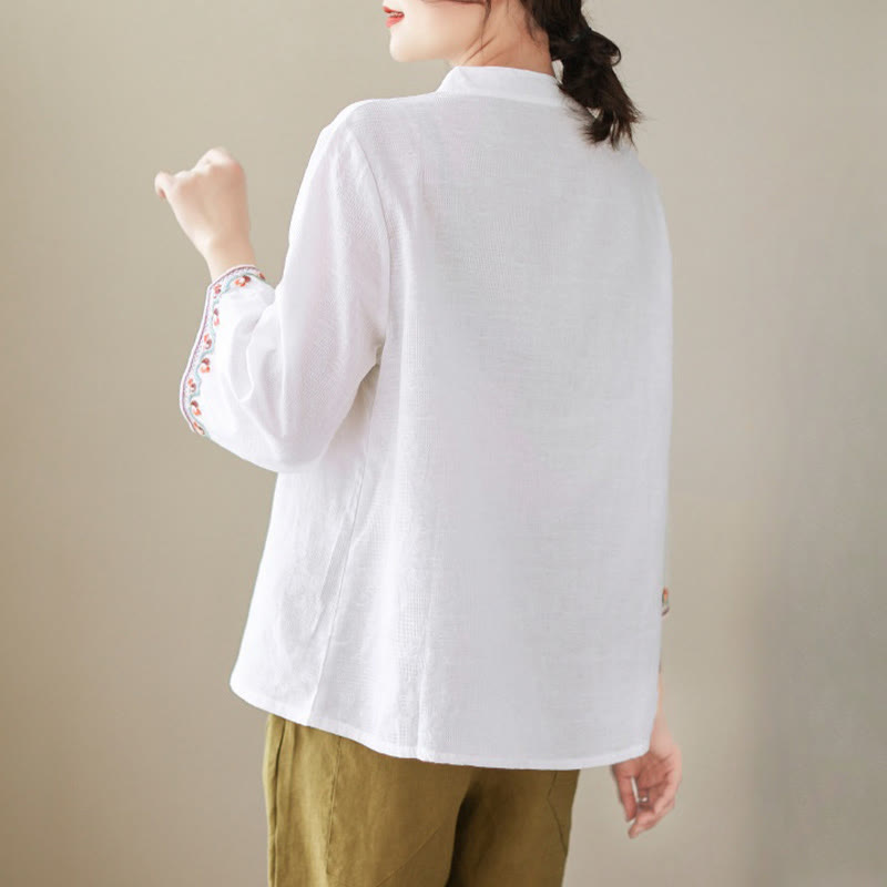 Nimara Ritual Casual Jacquard Frog-Button Women's Crew Neck Design Three Quarter Sleeve Cotton Linen Shirt