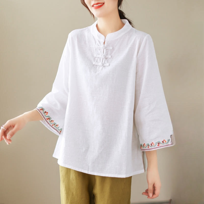 Nimara Ritual Casual Jacquard Frog-Button Women's Crew Neck Design Three Quarter Sleeve Cotton Linen Shirt