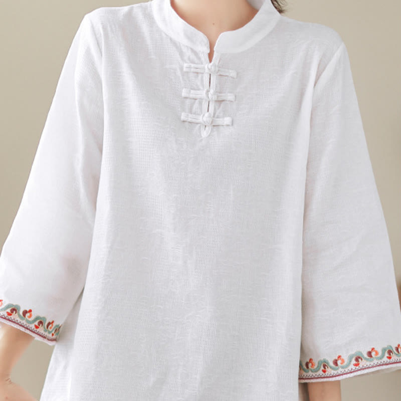 Nimara Ritual Casual Jacquard Frog-Button Women's Crew Neck Design Three Quarter Sleeve Cotton Linen Shirt