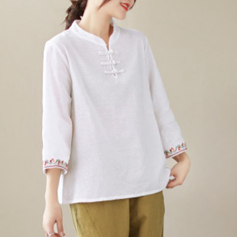 Nimara Ritual Casual Jacquard Frog-Button Women's Crew Neck Design Three Quarter Sleeve Cotton Linen Shirt