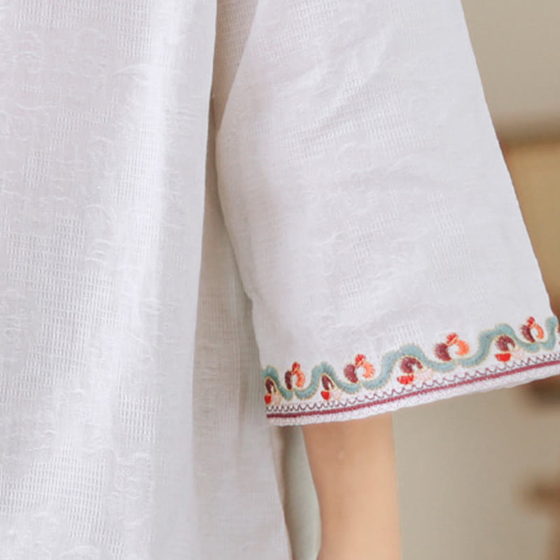 Nimara Ritual Casual Jacquard Frog-Button Women's Crew Neck Design Three Quarter Sleeve Cotton Linen Shirt