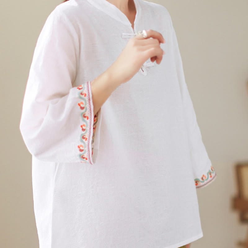 Nimara Ritual Casual Jacquard Frog-Button Women's Crew Neck Design Three Quarter Sleeve Cotton Linen Shirt