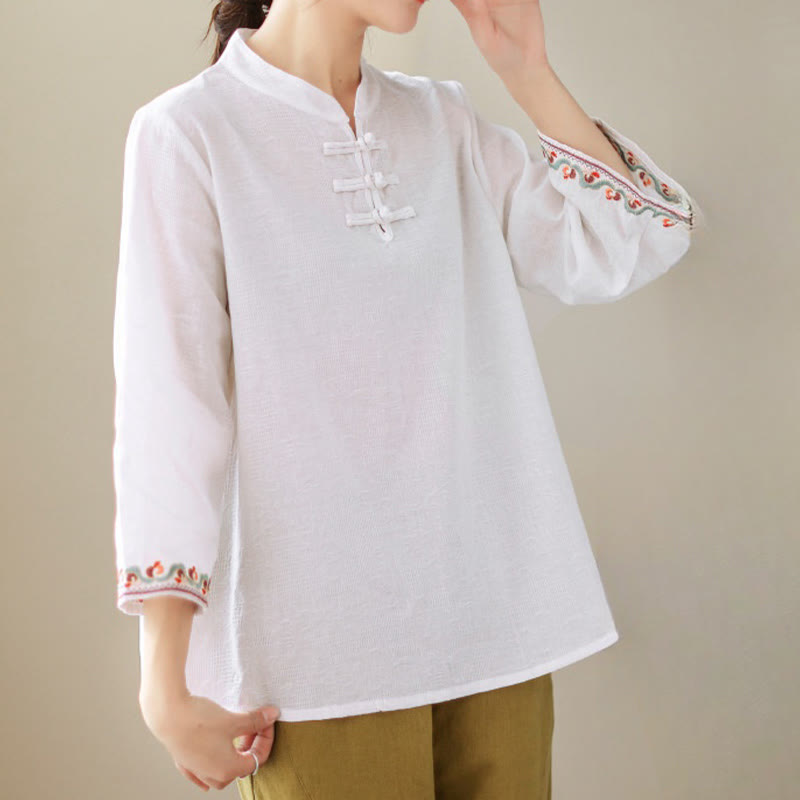 Nimara Ritual Casual Jacquard Frog-Button Women's Crew Neck Design Three Quarter Sleeve Cotton Linen Shirt