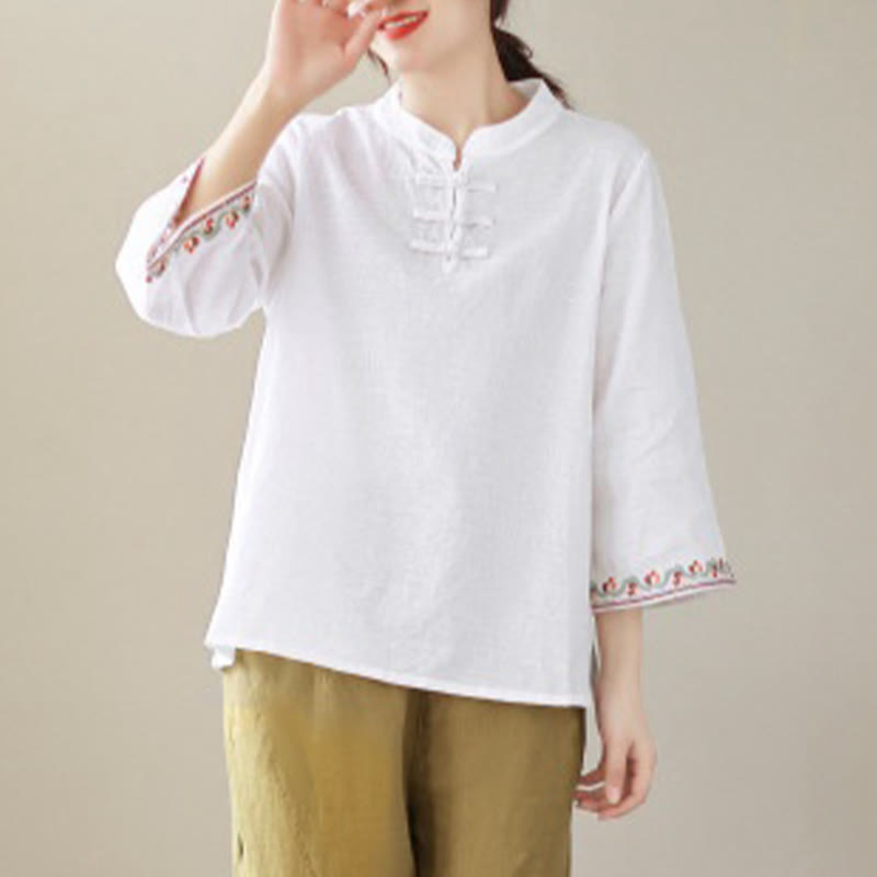 Nimara Ritual Casual Jacquard Frog-Button Women's Crew Neck Design Three Quarter Sleeve Cotton Linen Shirt